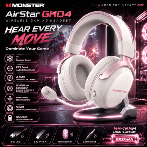 monster | Monster GH04 Wireless Gaming Headphone 2.4G/Bluetooth 6.0 4-Mode 7.1 Surround Sound Esports Gaming Headset with Detachable Mic
