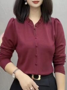 Fashionable Long Sleeve Base Shirt Womens Versatile Slimming Pure Color Top Anti-Aging Large Size Autumn Winter New Style