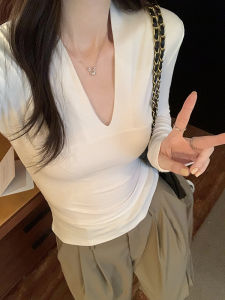 Áo Thun Cổ Chữ V Màu Đen Ôm Vừa Vặn Cho Nữ Mùa Xuân Thu Dài Tay Thường Ngày Chất Liệu Polyester Pha Trộn Cotton