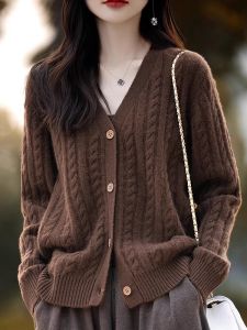 Loose Long Sleeve V-neckKnitted Sheep Cashmere Cardigan Spring Autumn Korean StyleWomens Fashion Outerwear Comfortable