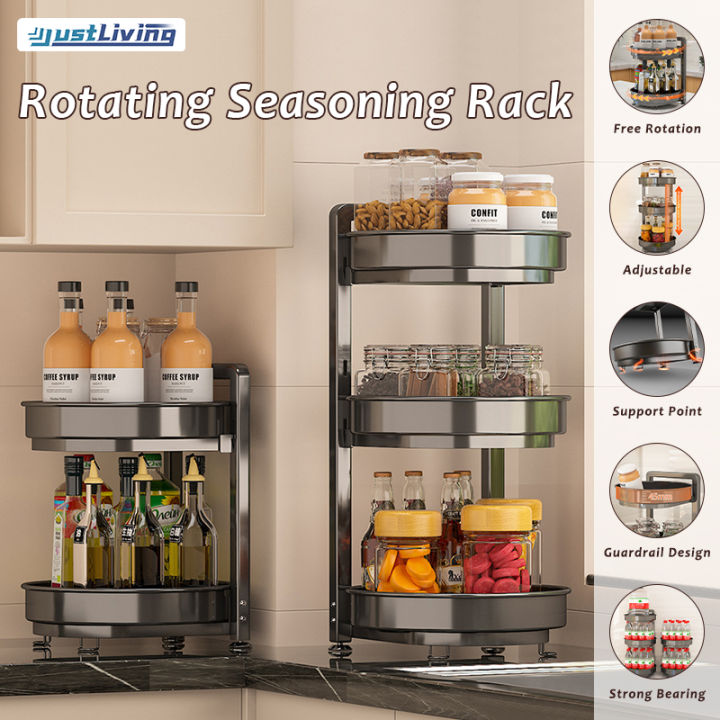 JustLiving 360° Rotating Kitchen Spice Rack 2/3 Tier Carbon Steel