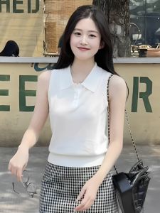 White Polo Neck Ice Silk Sleeveless Knitted Top Women Summer 2024 Slim Fit Thin High End Short Upper Body Fashionable Elegant