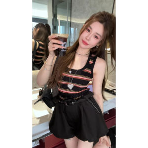 YUEZHONGWEI | Slim Fit Ice Silk Knitted Strap Vest Women Summer Outdoor Wear Short Sleeve Top Rainbow Stripe U Neck Fashionable Trendy Short