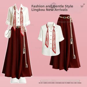 NUMEN BUTTON | Slimming Color Blocking Sash Design High Waist Skirt Set
