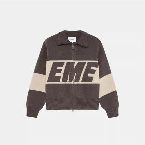 Retro Spliced Zipper Knitted Sweater Women Fashion Stand Collar Long Sleeve Loose Short Cardigan Lady Y2k Letter Knitwear