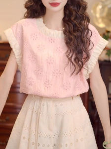 Shalldoer | Sweet Floral Hollow Out Small Flying Sleeve Shirt Womens Summer New Style Splice Personality Top Casual Style Round Neck Sleeveless