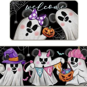 VIKAMA Halloween Kitchen Mat Set Ghost Witch Pumpkin Haunted Runner Mat Entryway Holiday Home Decor Aesthetic Art Premium