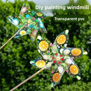 Transparent PVC Windmill DIY Handmade Material Kit for Children Outdoor Painting Coloring Drawing Toy for Kids Creative Play