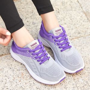 New Women Weave Rubber Laces Sneakers Lightweight Breathable Flat Leisure Sports Running Shoes For Women On Sale