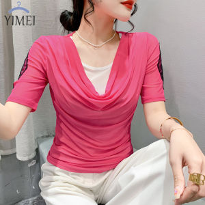 YIMEI เสื้อยืดผู้หญิงสวยๆ2023ใส่คอกลมฤดูใบไม้ผลิเสื้อรัดรูปสองชิ้นผ้าโปร่งปลอมสีชมพูแขนสั้นปักสำหรับผู้หญิง