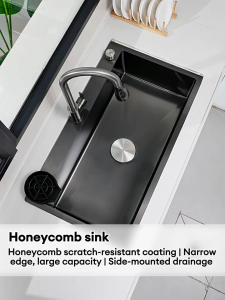 ICIC SUS304 Kitchen Sink Stainless Steel Free Drain&Basket Honeycomb-Pattern Nano Thickened Single/Double Black/Silver
