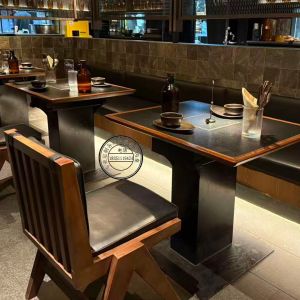 Commercially Integrated Electric Heating Mountain Wild Wind Plum Fruit Rock Plate Dining Table for BBQ Restaurant Rectangular Solid Wood Table