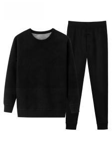 FuniBaoluo | Thickened Fleece Warm Underwear Set For Men Round Neck Long Sleeve Thermal Clothes Cotton Polyester Blend Double Layered