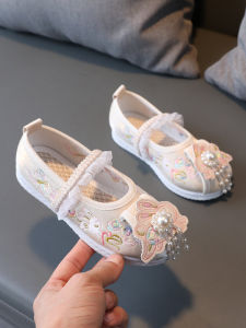 Handmade Hanfu Dance Shoes for Girls Childrens Embroidered Cotton Shoes Spring Summer Traditional Chinese Style Flat Shoes