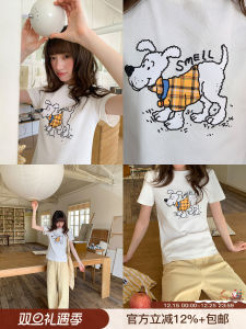 Hello Canon Original Cartoon Dog Print Short Sleeve T-Shirt Womens Summer Slim Fit Shoulder Top Korean Style Commute Fashion