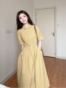 Yellow Short Sleeve Collared Shirt Dress Womens Casual Mid-Length Skirt Slimming Loose A-Line Summer Dress College Style