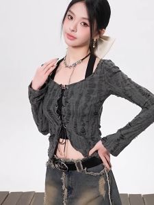 ⚡Port⚡ Blouses Women New Style 2025 Dark Style Fake Two-piece Top Hanging Neck Lace-up Long Sleeved T-shirt Sweet Hot Trendy Top