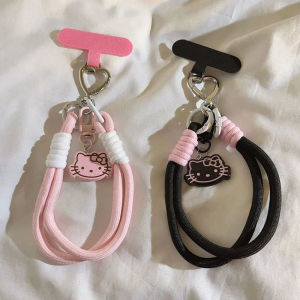 Cute 3D Pink KT Cat Pendant Mobile Phone Case Lanyard Woven Rope New Short Universal Mobile Phone Case Hand Lanyard Anti-Loss Short Portable Wristband Keychain Popular Card Clip