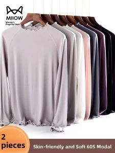 miiow | Cat Lady Spring Autumn Modal Womens Long Sleeve T-Shirt Outerwear Base Shirt Wood Grain Ruffle 2025 New Style Slim Fit Round Neck