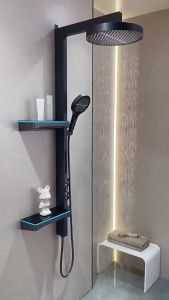 Set Shower Kamar Mandi Tampilan Digital Pancuran Termostatik Empat Fungsi Warna Abu-abu Lampu Biru