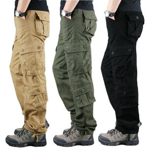 Cargo Pants Men Pure Cotton Straight Loose Plus Size Spring and Autumn Outdoor Hiking Cotton Abrasion Resistant Casual Pants Multi-Pocket Trousers
