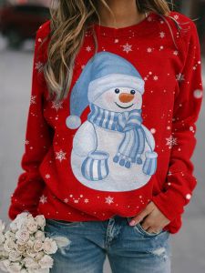Snowman Print Long Sleeve Hoodie Womens Street Style round Neck Pullover Loose Fit Casual Comfortable Printed Sweatshirt