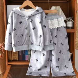 Bear Leader Korean Version Bow Print Zipper Sweatshirt Tops + Lace Patchwork Pants Two-piece Set Casual Sports Girls Clothes