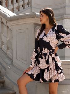 Spring Autumn Fashionable V-neck Leopard Print Floral Short Dress Long Sleeve Gathered Waist Pleated Skirt Polyester Fiber