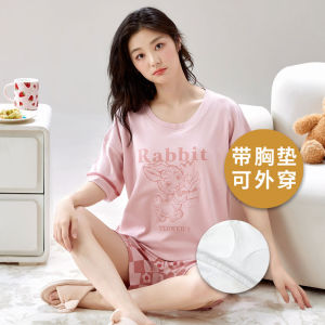 Langsha Womens Summer Sleepwear with Chest Pad Pure Cotton Thin Short Sleeve Home Clothes Two-Piece Sweet Style Outerwear