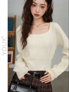 YOUXIANG | Áo Sweater Knitwear Cổ Vuông Kiểu Dáng Ngắn Thời Trang