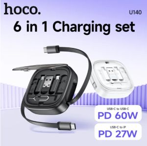 HOCO U140 60W Bộ cáp dữ liệu sạc có thể thu vào Bộ sạc nhanh 3A Type C/Lightning/Micro USB Bộ chuyển đổi cáp Thẻ điện thoại di động Pin Dây sạc Hộp lưu trữ đa chức năng có giá đỡ Khe cắm thẻ SlM và TF