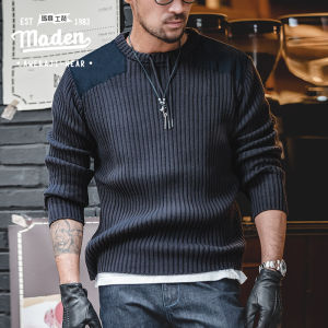 MADEN เสื้อถักมีแถบเย็บปะติดปะต่อกันสำหรับผู้ชายเสื้อถักมีชั้นเชิง007เจมส์บอนด์อเมริกาแบบย้อนยุคเดียวกันแนวตั้งเข้ารูปพอดี2025ฤดูใบไม้ร่วง