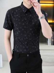 HENGYUANXIANG | Summer Ice Silk Flower Casual Short Sleeve Mens Shirt Standard Fit Button Detail No Iron Treatment Youth Trend Polyester Blend