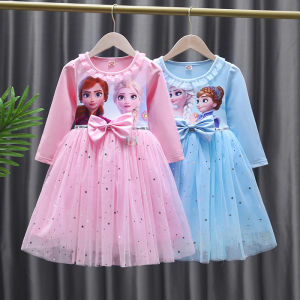 LNR Shop FREE MAHKOTA + TONGKAT SIHIR Gaun Musim Gugur Anak-anak untuk Anak Perempuan Motif Frozen Elsa Lengan Panjang Dengan Rok Tutu Gaun Putri Carttom Frozen Elsa Gaun Pesta Pakaian Anak-Anak Gaun Summer
