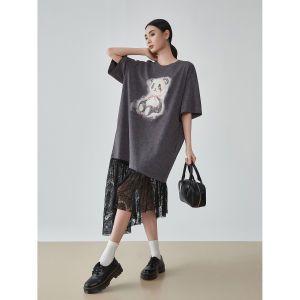 XIAODADEHUA | Gray Lace Patchwork Bear Print Loose Korean Style Casual T-Shirt Dress