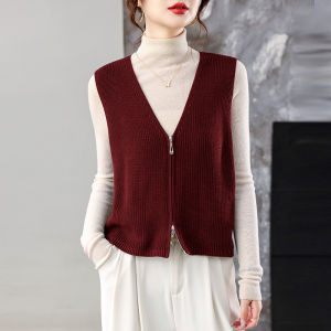 Womens V-Neck Zipper Knitted Woolen Sweater Cardigan Spring Autumn New Style High Sensation Open-Shirt Fashion Outerwear
