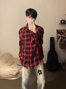 Anke Lei Wear Mens Long Sleeves Gingham Shirt Fancy Fried Street Red Pattern Shirt American Retro Outwear