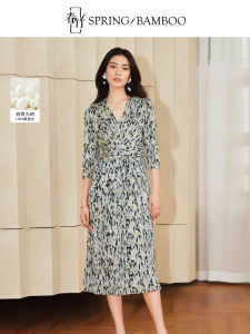 Spring Bamboo 100%  Silk Floral Knitted Wrap Dress Midi Length Elegant Style High Waist A-Line Skirt VU Neckline