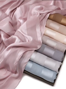 Muslim Shimmer Stripe Hijab Women Chiffon Scarf with Satin Stripe Hollow Out Headscarf Solid Plain