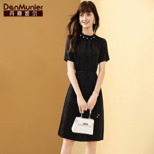 Elegant Simple Dark Flower Texture Womens Dress Danmunier High Waist A-Line Skirt Short Sleeve Business Commute Summer Dress