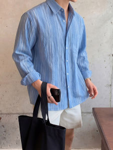 Ssumenam | Relaxed Fit Long Sleeve Shirt UV Protection Blue Striped Mens Autumn