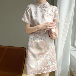 Embroidered Cheongsam Style Dress Short Sleeve