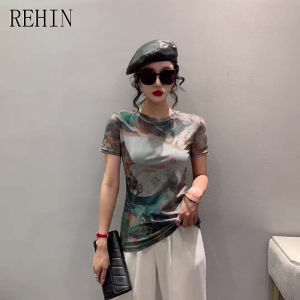 REHIN Womens top REHIN Womens top Summer new fashion mesh position printing short-sleeved T-shirt round-neck slim and thin S-3XL elegant blouse