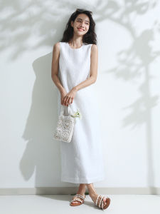 Miccbeirn | Silk Artistic Patterned Sleeveless Long Dress Elegant Summer Vest Dress Lightweight Cotton Silk Vest Gown No Sleeve Round Neck