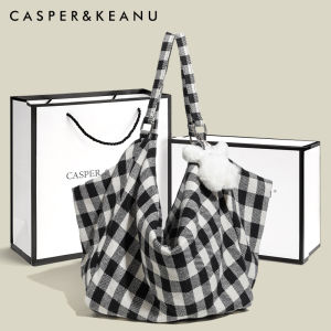 Large Capacity Plaid Tote Bag Womens Retro American Style Shopping Bag with Double Straps Canvas Material Casual Shoulder Bag