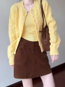 YUEZHONGWEI | Korean Style Early Spring Yellow Twisted Knit Sweater Set
