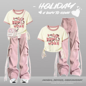 Summer Outfit Set for Girls Cute KT Cat Print Short Sleeve T-Shirt And Work Pants Durable Casual Wear for Teenage Girls