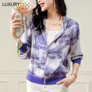 แจ็คเก็ตสตรีหรูหราราชินี2023 ผ้าไหมเครปเดอ กระเป๋าเบสบอลผ้าไหม สีม่วงแขนยาว คลุมศีรษะ