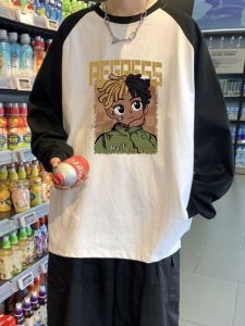 Japanese Style Raglan Color Contrast Long Sleeve T-shirt Men Autumn Hong Kong Style Teenagers Oversize Loose Bottoming Shirt Tops
