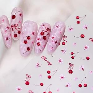 1Pcs 5D Red Cherry Bow Sakura Flower Nail Stickers Lovely Fruit Ribbon Self-Adhesive Nails Decals DIY Sweet Girl Manicure Slider